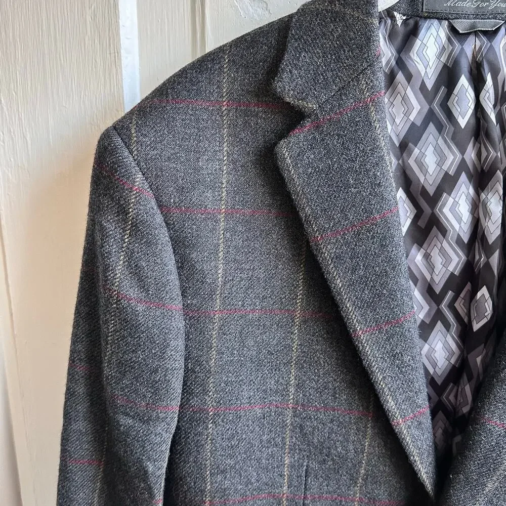 Indochino Made For You 100% Wool Windowpane Blazer Sport Coat Gray 2 Button